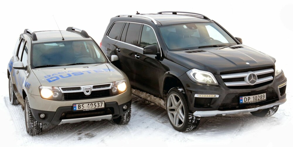DAVID OG GOLIAT: I bruktbuilstatistikken får David - Dacia Duster - grundig juling av Goltiat i form av Mercedes GL. Av de nyeste bruktbilene er Mercedesen på topp, Duster på bunn. FOTO: Egil Nordlien, HM FOTO DAVID OG GOLIAT: I bruktbuilstatistikken får David - Dacia Duster - grundig juling av Goltiat i form av Mercedes GL. Av de nyeste bruktbilene er Mercedesen på topp, Duster på bunn. FOTO: Egil Nordlien, HM FOTO