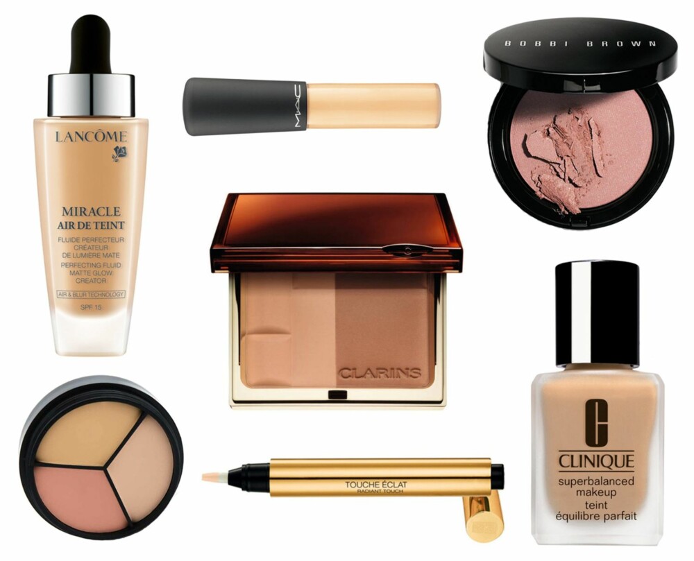 FOUNDATION, CONCEALER OG BRONZER: Øverst fra venstre: Miracle Air de Teint fra Lancôme, kr 410. Mineralize Concealer fra MAC, kr 170. Illuminating Bronzing Powder fra Bobbi Brown, kr 330. Bronzing Duo fra Clarins, kr 280. Cover All Mix Medium fra Make Up Store, kr 285. Touche Éclat fra Yves Saint Laurent, kr 299. Superbalanced Makeup fra Clinique, kr 285. FOUNDATION, CONCEALER OG BRONZER: Øverst fra venstre: Miracle Air de Teint fra Lancôme, kr 410. Mineralize Concealer fra MAC, kr 170. Illuminating Bronzing Powder fra Bobbi Brown, kr 330. Bronzing Duo fra Clarins, kr 280. Cover All Mix Medium fra Make Up Store, kr 285. Touche Éclat fra Yves Saint Laurent, kr 299. Superbalanced Makeup fra Clinique, kr 285.