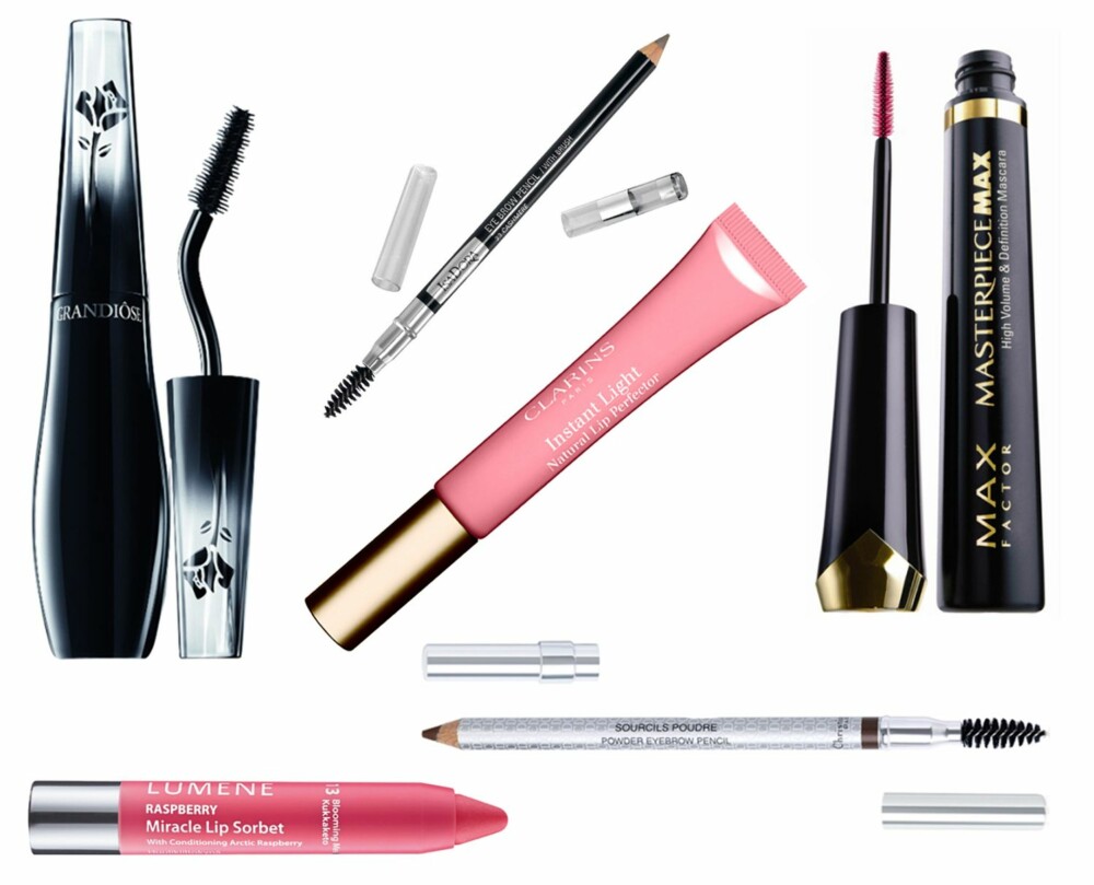 ØYNE, ØYENBRYN OG LEPPER: Øverst fra venstre: Grandiôse Mascara fra Lancôme, kr 249. Eye Brow Pencil with Brush, fra IsaDora, kr 99. Masterpiece Max Mascara fra Max Factor, kr 149. Instant Light Natural Lip Perfector fra Clarins, kr 200. Raspberry Miracle Lip Sorbet fra Lumene, kr 109. Eyebrow Pencil fra Dior, kr 210. ØYNE, ØYENBRYN OG LEPPER: Øverst fra venstre: Grandiôse Mascara fra Lancôme, kr 249. Eye Brow Pencil with Brush, fra IsaDora, kr 99. Masterpiece Max Mascara fra Max Factor, kr 149. Instant Light Natural Lip Perfector fra Clarins, kr 200. Raspberry Miracle Lip Sorbet fra Lumene, kr 109. Eyebrow Pencil fra Dior, kr 210.