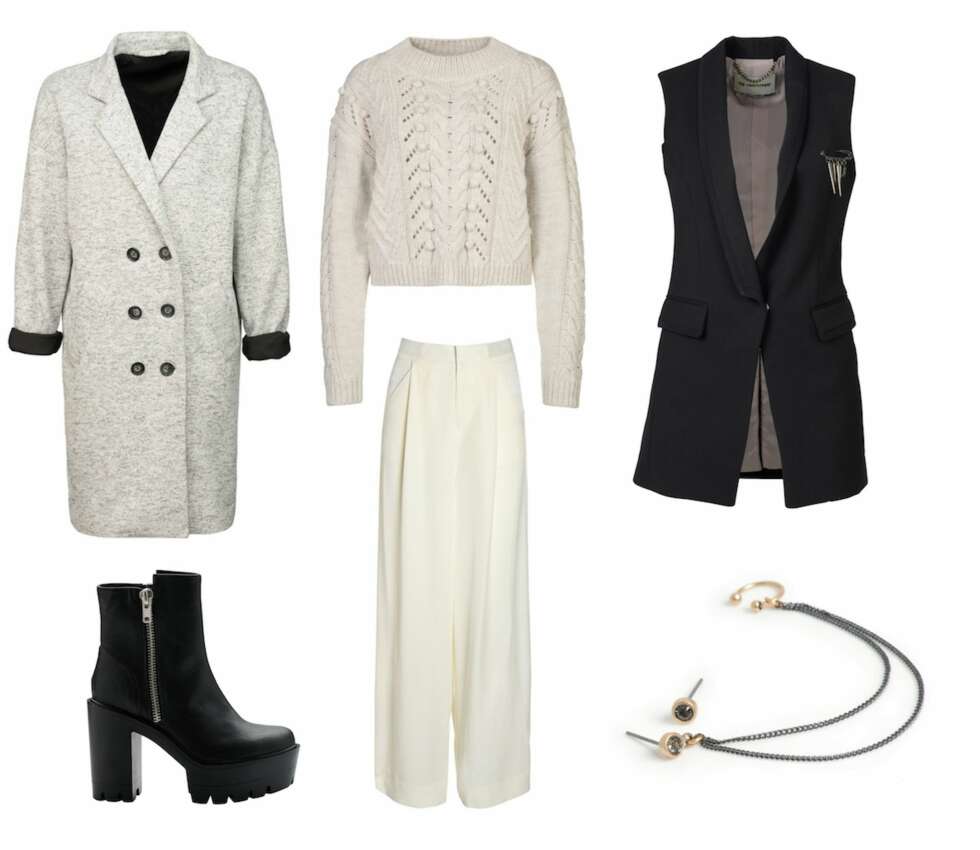 MONOKROMT-ALTERNATIV: Oversized blazer fra New Yorker, kr 399. Kort strikkagenser fra Mint & Berry/Zalando.no, kr 569. Vest fra Rich & Royal, kr 1899. Øredobb fra A&C Jewellery, kr 98. Hvite dressbukser fra Lindex, kr 599. Boots fra Bianco, kr 799. MONOKROMT-ALTERNATIV: Oversized blazer fra New Yorker, kr 399. Kort strikkagenser fra Mint & Berry/Zalando.no, kr 569. Vest fra Rich & Royal, kr 1899. Øredobb fra A&C Jewellery, kr 98. Hvite dressbukser fra Lindex, kr 599. Boots fra Bianco, kr 799.