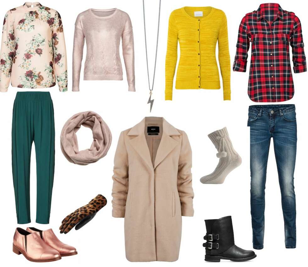 KAMELFRAKK-ALTERNATIV: Antrekket til venstre: Blomstrete bluse fra Mint & Berry/Zalando.no, kr 379. Rosegull genser fra New Yorker, kr 249. Lynsmykke fra Arts & Crafts, kr 398. Emmanuelle Pants fra Samsøe & Samsøe, kr 899. Skjerf fra Pierre Robert kr 159. Hansker fra Adax, kr 899. Rosegull sko fra Samsøe & Samsøe, kr 1499. Petra Jacket Kåpe fra BikBok, kr 699. Antrekk til høyre: Cardigan fra Samsøe & Samsøe, kr 799., Flanellskjorte fra New Yorker, kr 169. Jeans fra New Yorker, kr 299. Raggsokker fra Change, kr 130. Boots fra New Yorker kr 299. KAMELFRAKK-ALTERNATIV: Antrekket til venstre: Blomstrete bluse fra Mint & Berry/Zalando.no, kr 379. Rosegull genser fra New Yorker, kr 249. Lynsmykke fra Arts & Crafts, kr 398. Emmanuelle Pants fra Samsøe & Samsøe, kr 899. Skjerf fra Pierre Robert kr 159. Hansker fra Adax, kr 899. Rosegull sko fra Samsøe & Samsøe, kr 1499. Petra Jacket Kåpe fra BikBok, kr 699. Antrekk til høyre: Cardigan fra Samsøe & Samsøe, kr 799., Flanellskjorte fra New Yorker, kr 169. Jeans fra New Yorker, kr 299. Raggsokker fra Change, kr 130. Boots fra New Yorker kr 299.