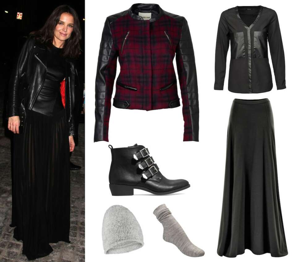 MAXISKJØRT: Katie Holmes rocket maxiskjørtet med røft tilbehør. Skinnjakke fra Rich & Royal, kr 2599. Bluse fra New Yorker, kr 169. Maxiskjørt Erna Long fra Aphru, kr 2975. Ankelboots fra New Yorker, kr 249. Lue fra Samsøe & Samsøe, kr 399. Ullstrømper fra Pierre Robert, kr 80. MAXISKJØRT: Katie Holmes rocket maxiskjørtet med røft tilbehør. Skinnjakke fra Rich & Royal, kr 2599. Bluse fra New Yorker, kr 169. Maxiskjørt Erna Long fra Aphru, kr 2975. Ankelboots fra New Yorker, kr 249. Lue fra Samsøe & Samsøe, kr 399. Ullstrømper fra Pierre Robert, kr 80.