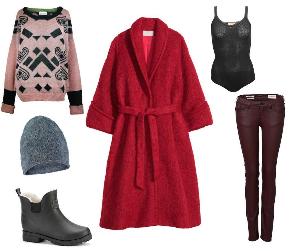 STATEMENTJAKKE-ALTERNATIV: Debbie Sweater fra iiS Woodling, kr 1169. Rød kåpe i ullblanding fra H&M, kr 1499. Ullbody fra Vera & William/Designerkollektivet, kr 379. Leggings fra Rich & Royal, kr 1399. Lue fra Samsøe & Samsøe, kr 399. Regnboots fra Eurosko, kr 499. STATEMENTJAKKE-ALTERNATIV: Debbie Sweater fra iiS Woodling, kr 1169. Rød kåpe i ullblanding fra H&M, kr 1499. Ullbody fra Vera & William/Designerkollektivet, kr 379. Leggings fra Rich & Royal, kr 1399. Lue fra Samsøe & Samsøe, kr 399. Regnboots fra Eurosko, kr 499.
