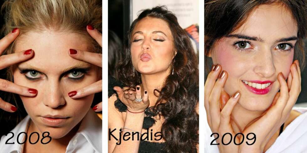 NEGLER: Knæsje negler var en tydelig statement i 2008 viser Giles Deacon, Lindsey Lohan er trendy med korte mørke negler, og Badgley Mischka viser nette metallnegler for våren 2009. NEGLER: Knæsje negler var en tydelig statement i 2008 viser Giles Deacon, Lindsey Lohan er trendy med korte mørke negler, og Badgley Mischka viser nette metallnegler for våren 2009.