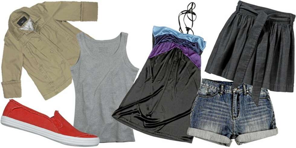 VÅRKLÆR, FRA VENSTRE: Tøysko fra Din Sko (kr 299), jakke fra Lindex (kr 499), singlet fra Ellos (kr 79,50), kjole fra Red Label (kr 299), denimshorts fra Saints & Mortals (kr 399), skjørt fra Ellos (kr 299). VÅRKLÆR, FRA VENSTRE: Tøysko fra Din Sko (kr 299), jakke fra Lindex (kr 499), singlet fra Ellos (kr 79,50), kjole fra Red Label (kr 299), denimshorts fra Saints & Mortals (kr 399), skjørt fra Ellos (kr 299).
