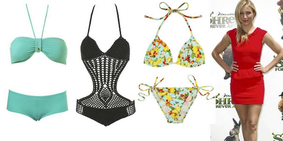 FRA VENSTRE: Turkis bikini fra Topshop, overdel (kr 97), underdel (kr 68), heklet badedrakt fra topshop (kr 312), blomstrete bikinisett fra D&G (kr 598). FRA VENSTRE: Turkis bikini fra Topshop, overdel (kr 97), underdel (kr 68), heklet badedrakt fra topshop (kr 312), blomstrete bikinisett fra D&G (kr 598).