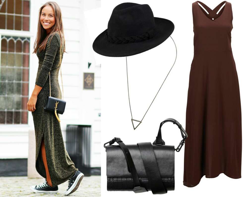 DRØMMEOUTFIT PÅ NESTE FEST: Hatt fra Minimum/Nelly.com, kr 399. KJede fra Selected Femme, kr 130. Skinnveske fra H&M, kr 799. Fotsid kjole med åpen rygg fra Selected Femme, kr 500. DRØMMEOUTFIT PÅ NESTE FEST: Hatt fra Minimum/Nelly.com, kr 399. KJede fra Selected Femme, kr 130. Skinnveske fra H&M, kr 799. Fotsid kjole med åpen rygg fra Selected Femme, kr 500.
