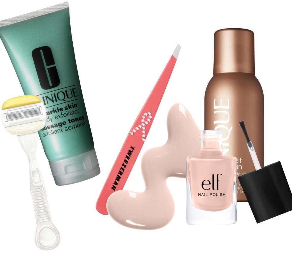 FESTFIN PÅ NULL KOMMA SVISJ: Fra venstre: Gilette Venus & Olay Razor, kr 229. Clinique Sparkle Skin Body Exfoliator, kr 239. Ren Glycolatic Skin Renewal Peel Mask, kr 395. Pinsett fra Tweezerman, kr 238. Elf Nail Polish i fargen Nude, kr 26. Clinique Self Sun Body Airbrush Spray, kr 240. FESTFIN PÅ NULL KOMMA SVISJ: Fra venstre: Gilette Venus & Olay Razor, kr 229. Clinique Sparkle Skin Body Exfoliator, kr 239. Ren Glycolatic Skin Renewal Peel Mask, kr 395. Pinsett fra Tweezerman, kr 238. Elf Nail Polish i fargen Nude, kr 26. Clinique Self Sun Body Airbrush Spray, kr 240.