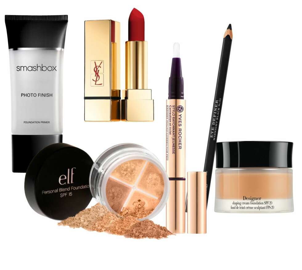 LEGG EN GOD BASE: Fra venstre: Smashbox Photo Finish Foundation Primer, kr 260. YSL Rouge Pur Couture Mat i fargen Rouge Scandal Mat, kr 305. Burberry Eye Definer i fargen Midnight Black, kr 152. Elf Personal Blend Foundation, kr 90. Yves Rocher Corrector-Pen, kr 99. Giorgio Armani Designer Shaping Cream Foundation, kr 595. LEGG EN GOD BASE: Fra venstre: Smashbox Photo Finish Foundation Primer, kr 260. YSL Rouge Pur Couture Mat i fargen Rouge Scandal Mat, kr 305. Burberry Eye Definer i fargen Midnight Black, kr 152. Elf Personal Blend Foundation, kr 90. Yves Rocher Corrector-Pen, kr 99. Giorgio Armani Designer Shaping Cream Foundation, kr 595.