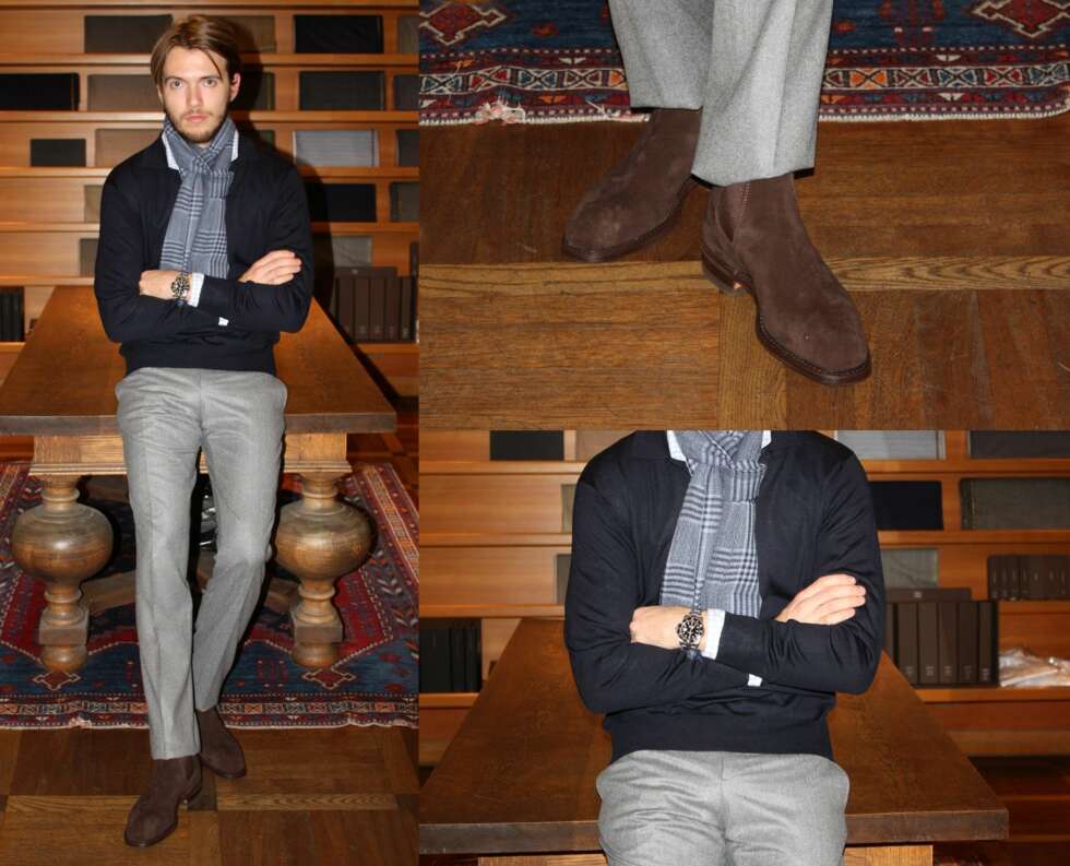 Dressbukse fra Lubiam. Genser fra Gran Sasso, kr 1100. Skjorte fra IGN. Joseph, kr 1900. Sko fra R.M Williams, kr 4200. Skjer fra Zegna, kr 1500. Dressbukse fra Lubiam. Genser fra Gran Sasso, kr 1100. Skjorte fra IGN. Joseph, kr 1900. Sko fra R.M Williams, kr 4200. Skjer fra Zegna, kr 1500.
