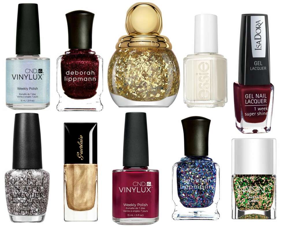 JULELAKKENE: Øverst fra venstre: Dazzling Dance Vinyl fra CND, kr 159. Razzle Dazzle fra Deborah Lippmann, kr 179. Diorfic Golden Shock Top Coat fra Dior, kr 250. Tuck It In My Tux fra Essie, kr 129. Gel Nail Lacquer fra IsaDora, kr 89. I'll Tinsel You In fra OPI, kr 155. Coque d'Or fra Guerlain, kr 203. Red Baroness fra CND, kr 159. Stronger Created With Kelly Clarkson fra Deborah Lippmann, kr 179. Trend Alexa Camo fra Nails Inc, kr 179. JULELAKKENE: Øverst fra venstre: Dazzling Dance Vinyl fra CND, kr 159. Razzle Dazzle fra Deborah Lippmann, kr 179. Diorfic Golden Shock Top Coat fra Dior, kr 250. Tuck It In My Tux fra Essie, kr 129. Gel Nail Lacquer fra IsaDora, kr 89. I'll Tinsel You In fra OPI, kr 155. Coque d'Or fra Guerlain, kr 203. Red Baroness fra CND, kr 159. Stronger Created With Kelly Clarkson fra Deborah Lippmann, kr 179. Trend Alexa Camo fra Nails Inc, kr 179.