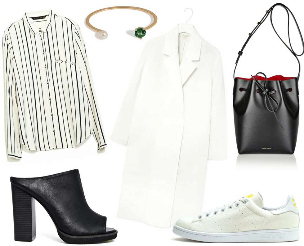 FRA VENSTRE: Skjorte fra Zara, kr 399. Mules fra Asos.com, kr 285. Armbånd fra Delfina Delettrez, kr 10.739. Kåpe fra COS, kr 1700. Veske fra Mansur Gavriel, kr 4828. Sneakers fra Adidas, kr 914. FRA VENSTRE: Skjorte fra Zara, kr 399. Mules fra Asos.com, kr 285. Armbånd fra Delfina Delettrez, kr 10.739. Kåpe fra COS, kr 1700. Veske fra Mansur Gavriel, kr 4828. Sneakers fra Adidas, kr 914.