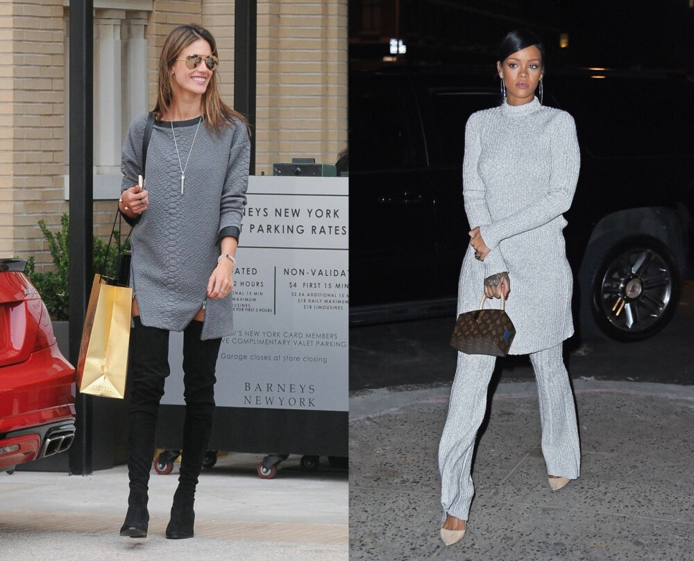 OVER KNEE BOOTS OG KJOLE OVER BUKSE: For å få et passe sexy og nedtonet uttrykk, anbefaler stylist Sheila Lyhne å kombinere over knee boots med en kort kjole med lange armer. Her illustrert av modell Alessandra Ambrosio. Til høyre viser Rihanna hvordan man perfekt gjør kjole over bukse-trenden. Klærne er fra Celiné autumn/winter 14. OVER KNEE BOOTS OG KJOLE OVER BUKSE: For å få et passe sexy og nedtonet uttrykk, anbefaler stylist Sheila Lyhne å kombinere over knee boots med en kort kjole med lange armer. Her illustrert av modell Alessandra Ambrosio. Til høyre viser Rihanna hvordan man perfekt gjør kjole over bukse-trenden. Klærne er fra Celiné autumn/winter 14.