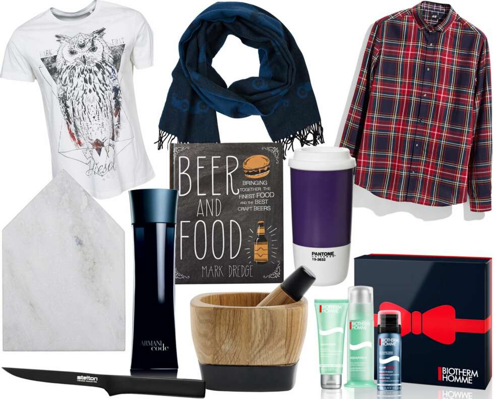 UNDER KR 500: T-skjorte fra Diesel, kr 499. Skjærefjøl i marmor fra Bloomingville, kr 169. Kniv fra Stelton, kr 499.Parfymen Armani Code fra Armani, kr 435. Mark Dredge "Beer and Food", kr 199. Morter fra Nordal, kr 299. Takeaway kopp fra Panetone, kr 179. Hudpleiesett fra Biotherm Homme Aquapower, kr 375. Skjorte fra H&M, kr 99. UNDER KR 500: T-skjorte fra Diesel, kr 499. Skjærefjøl i marmor fra Bloomingville, kr 169. Kniv fra Stelton, kr 499.Parfymen Armani Code fra Armani, kr 435. Mark Dredge "Beer and Food", kr 199. Morter fra Nordal, kr 299. Takeaway kopp fra Panetone, kr 179. Hudpleiesett fra Biotherm Homme Aquapower, kr 375. Skjorte fra H&M, kr 99.