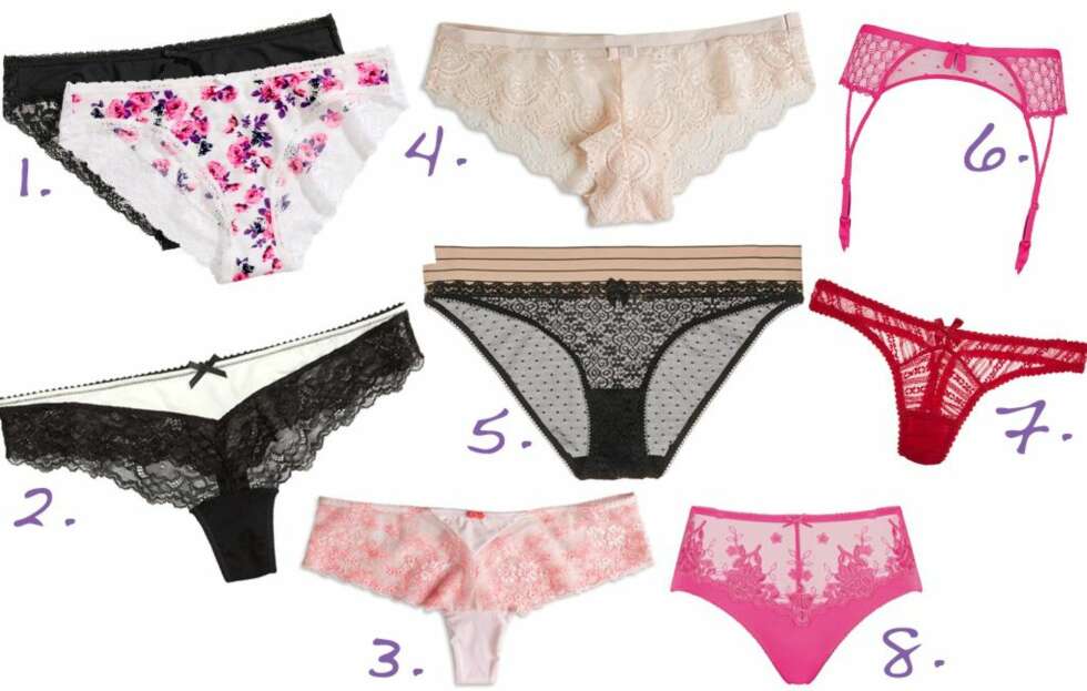 DET LILLE UNDER: 1. 2-pack truser fra H&M, kr 99. 2. Stringtanga fra H&M, kr 49,50. 3. Stringtruse fra Lindex, kr 79,50. 4. Blondetruse fra Lindex, kr 99. 5. Blondetruse fra Stella McCartney/Net-a-porter, kr 399. 6. Strømpeholder fra Triumph, kr 199. 7. Stringtruse fra Agent Provocateur/Net-a-porter, kr 329. 8. Truse fra Triumph, kr 149. FOTO: produsenten DET LILLE UNDER: 1. 2-pack truser fra H&M, kr 99. 2. Stringtanga fra H&M, kr 49,50. 3. Stringtruse fra Lindex, kr 79,50. 4. Blondetruse fra Lindex, kr 99. 5. Blondetruse fra Stella McCartney/Net-a-porter, kr 399. 6. Strømpeholder fra Triumph, kr 199. 7. Stringtruse fra Agent Provocateur/Net-a-porter, kr 329. 8. Truse fra Triumph, kr 149. FOTO: produsenten