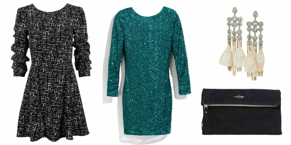 STJEL STILEN: Fra venstre: mønstrete kjole fra Bik Bok, kr 199. Paljettkjole fra H&M, kr 299. Øredobber fra H&M, kr 199. Veske fra Becksöndergaard, kr 299. STJEL STILEN: Fra venstre: mønstrete kjole fra Bik Bok, kr 199. Paljettkjole fra H&M, kr 299. Øredobber fra H&M, kr 199. Veske fra Becksöndergaard, kr 299.