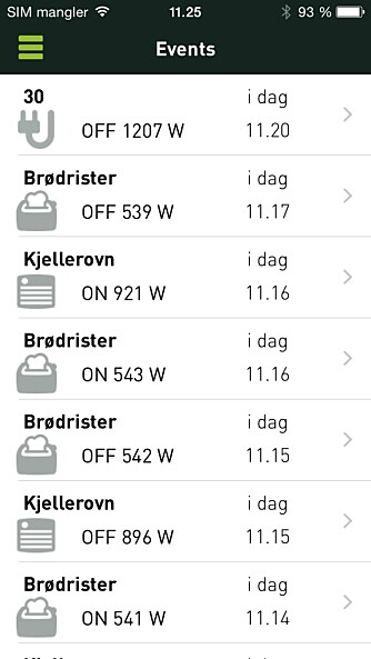 INFORMATIVT: Slik kan hendelseslisten se ut etter at et par apparater er registrert. INFORMATIVT: Slik kan hendelseslisten se ut etter at et par apparater er registrert.