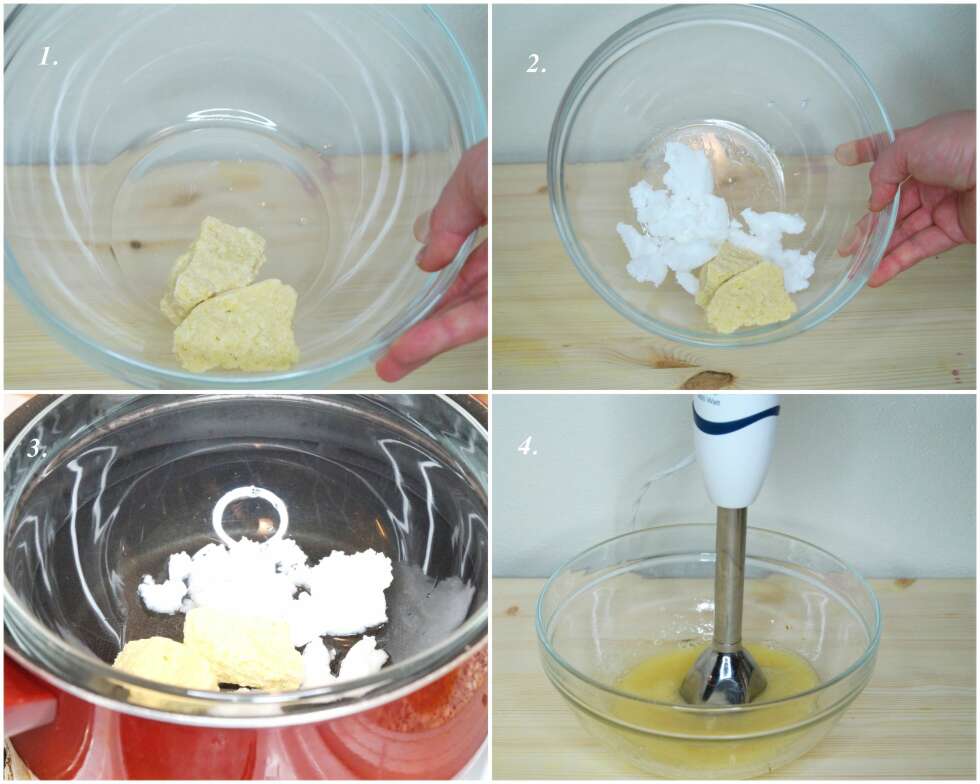 STEG: Plasser kakaosmør og kokosnøttolje i en bolle, og sett i vannbad til ingrediense har smeltet samme. Visp med en blender, kjøkkenmaskin eller håndvisp. STEG: Plasser kakaosmør og kokosnøttolje i en bolle, og sett i vannbad til ingrediense har smeltet samme. Visp med en blender, kjøkkenmaskin eller håndvisp.