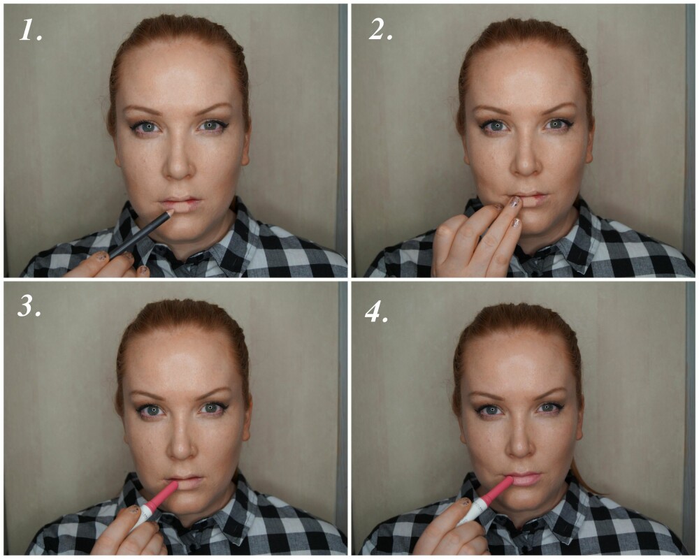 STEGENE: 1. Plasser en lys eller hvit lipliner/kajal på midten av leppen, både oppe og nede. 2. Dus ut overgangene med en finger. 3. Bruk valgt leppeprodukt på sidene av leppen først. 4. Legg deretter produktet lett over selve midtdelen også. STEGENE: 1. Plasser en lys eller hvit lipliner/kajal på midten av leppen, både oppe og nede. 2. Dus ut overgangene med en finger. 3. Bruk valgt leppeprodukt på sidene av leppen først. 4. Legg deretter produktet lett over selve midtdelen også.