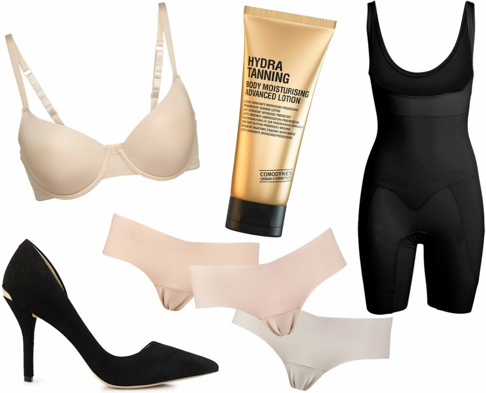 GODE FØLGESVENNER NÅR DU SHOPPER: Nude T-shirt bra fra Kappahl, kr 199. Svarte pumps fra Michael Michael Kors/Nelly.com, kr 1395. Perfection Hispter 3-pack fra Sloggi, kr 299. Comodynes Hydra Tanning Body Moisturising Advanced Lotion, kr 189. Shaping bodysuit fra Lindex, kr 399. GODE FØLGESVENNER NÅR DU SHOPPER: Nude T-shirt bra fra Kappahl, kr 199. Svarte pumps fra Michael Michael Kors/Nelly.com, kr 1395. Perfection Hispter 3-pack fra Sloggi, kr 299. Comodynes Hydra Tanning Body Moisturising Advanced Lotion, kr 189. Shaping bodysuit fra Lindex, kr 399.