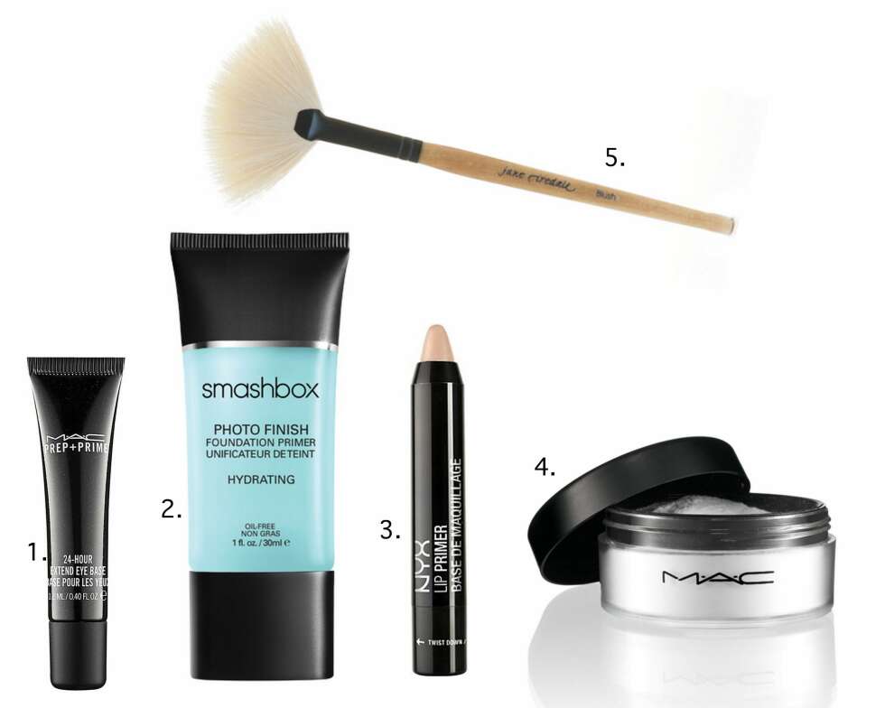 GODE REDSKAPER: 1. Prep + Prime 24-Hour Extend Eye Base fra MAC (kr 175). 2. Photfinish Hydrating Primer fra Smashbox (kr 260). 3. Lip Primer fra NYX (kr 60). 4. Prep + Prime Transparent Finishing Powder fra MAC (kr 200). 5. White Fan Brush fra Jane Iredale (kr 160). GODE REDSKAPER: 1. Prep + Prime 24-Hour Extend Eye Base fra MAC (kr 175). 2. Photfinish Hydrating Primer fra Smashbox (kr 260). 3. Lip Primer fra NYX (kr 60). 4. Prep + Prime Transparent Finishing Powder fra MAC (kr 200). 5. White Fan Brush fra Jane Iredale (kr 160).