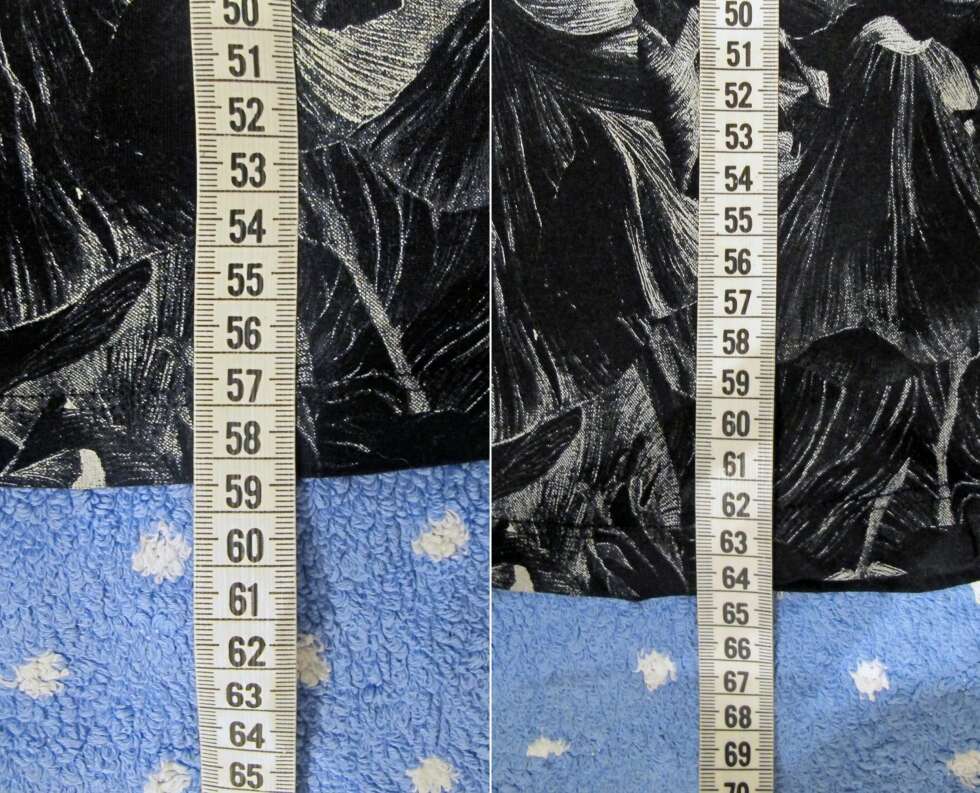 FØR OG ETTER: Før behandlingen var T-skjorten 58,5 centimeter lang, etter at plagget ble strukket er det blitt 64 centimeter langt. FØR OG ETTER: Før behandlingen var T-skjorten 58,5 centimeter lang, etter at plagget ble strukket er det blitt 64 centimeter langt.
