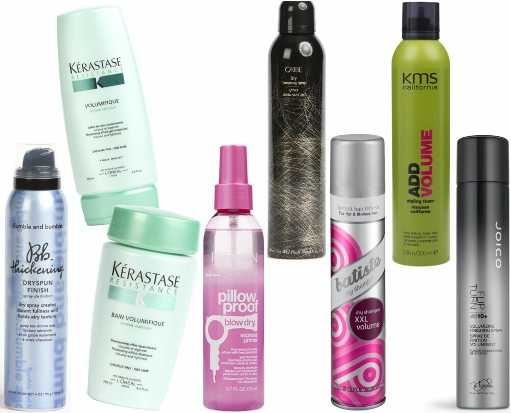 VOLUM OG HOLD (fra venstre): Bumble and Bumble Thikening Dryspun Finish, kr 339. Kérastase Volumifique Thickening Effect Gel Treatment, kr 280. Kérastase Bain Volumifique Thikening Effect Shampoo, kr 250. Redken Pillow Proof Blow Dry Express Primer, kr 329. Oribe Dry Texturizing Spray, kr 360. Batiste Dry Shampoo XXL Volume, kr 79,50. KMS Add Volume Styling Foam, kr 189. Joico Flip Turn Volumising Finishing Spray, kr 299. VOLUM OG HOLD (fra venstre): Bumble and Bumble Thikening Dryspun Finish, kr 339. Kérastase Volumifique Thickening Effect Gel Treatment, kr 280. Kérastase Bain Volumifique Thikening Effect Shampoo, kr 250. Redken Pillow Proof Blow Dry Express Primer, kr 329. Oribe Dry Texturizing Spray, kr 360. Batiste Dry Shampoo XXL Volume, kr 79,50. KMS Add Volume Styling Foam, kr 189. Joico Flip Turn Volumising Finishing Spray, kr 299.