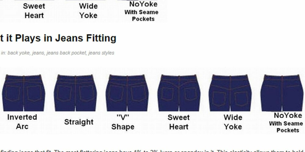 ULIKE TYPER: Nettsiden Denimhelp.com skriver om de ulike typene yoker som finnes. Fra venstre: Omvendt, rett, V-formet, hjerteformet, vid og ingen. ULIKE TYPER: Nettsiden Denimhelp.com skriver om de ulike typene yoker som finnes. Fra venstre: Omvendt, rett, V-formet, hjerteformet, vid og ingen.