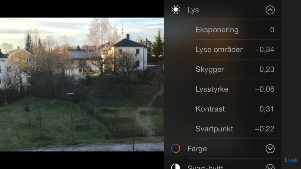 JUSTERING: Du kan justere lys, farge og svart-hvitt i Bilder-appen. JUSTERING: Du kan justere lys, farge og svart-hvitt i Bilder-appen.