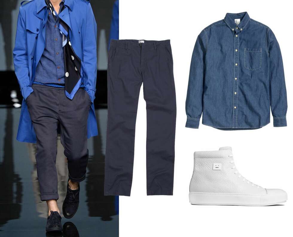 BLÅTT ER HOT: Blått, enten kombinert i ulike nyanser eller rene denim-looks er blant vårens største trender. Produkter: Chinos fra Cubus, kr 299. Denimskjorte fra H&M, kr 299. Sko fra Acne, kr 2795. BLÅTT ER HOT: Blått, enten kombinert i ulike nyanser eller rene denim-looks er blant vårens største trender. Produkter: Chinos fra Cubus, kr 299. Denimskjorte fra H&M, kr 299. Sko fra Acne, kr 2795.