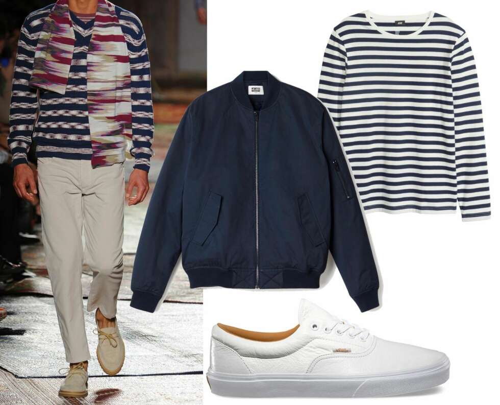 SPORTY STRIPER: Striper, både på gensere, tilbehør og bukser er med på å gi en klassisk, maritim og i tiden-look. Kombiner looken med sporty elementer som en bomberjakke og Vans. Produkter fra: Marineblå bomberjakke fra Weekday, kr 649. Stripete genser fra H&M, kr 99. Kremfargede sko fra Vans, kr 700. SPORTY STRIPER: Striper, både på gensere, tilbehør og bukser er med på å gi en klassisk, maritim og i tiden-look. Kombiner looken med sporty elementer som en bomberjakke og Vans. Produkter fra: Marineblå bomberjakke fra Weekday, kr 649. Stripete genser fra H&M, kr 99. Kremfargede sko fra Vans, kr 700.