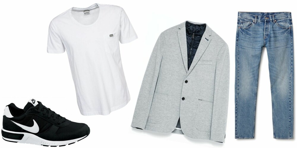 CASUAL COOL: Med et par jeans, en hvit T-skjorte, blazer og sneakers får du et passe avslappet og pyntet antrekk. CASUAL COOL: Med et par jeans, en hvit T-skjorte, blazer og sneakers får du et passe avslappet og pyntet antrekk.