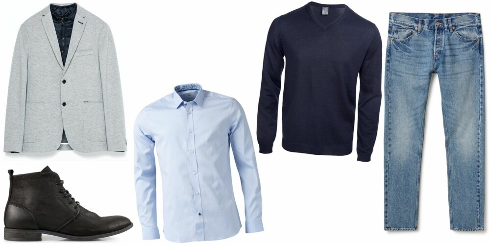 RELAX OG COOL: Et par smale jeans, en skjorte og genser - og en blazer over det hele gir et kult og avslappa antrekk. RELAX OG COOL: Et par smale jeans, en skjorte og genser - og en blazer over det hele gir et kult og avslappa antrekk.
