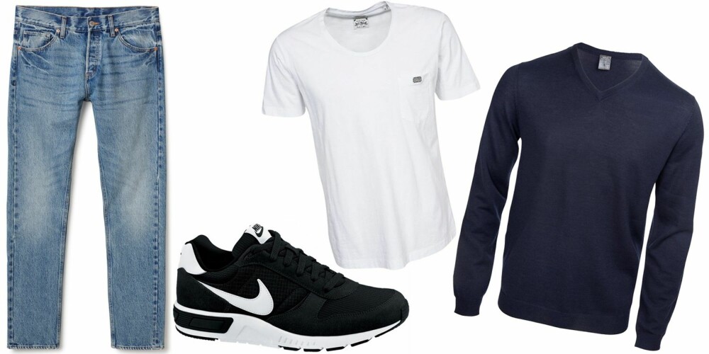 SØNDAGSSLAPP: En jeans, sneakers, en T-skjorte og genser er et passe avslappa antrekk som passer perfekt til dagen derpå. SØNDAGSSLAPP: En jeans, sneakers, en T-skjorte og genser er et passe avslappa antrekk som passer perfekt til dagen derpå.