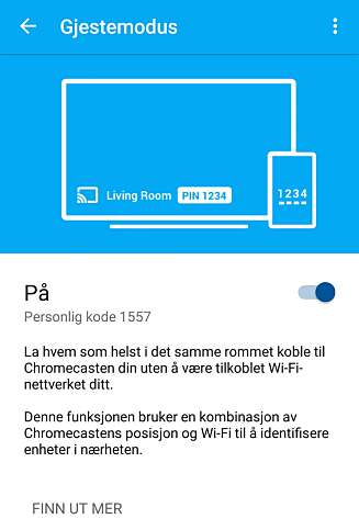 GJEST: Med gjestemodusen på Chromecast vil du kunne la besøkende bruke Chromecasten din uten å gi tilgang til det trådløse nettet ditt. GJEST: Med gjestemodusen på Chromecast vil du kunne la besøkende bruke Chromecasten din uten å gi tilgang til det trådløse nettet ditt.