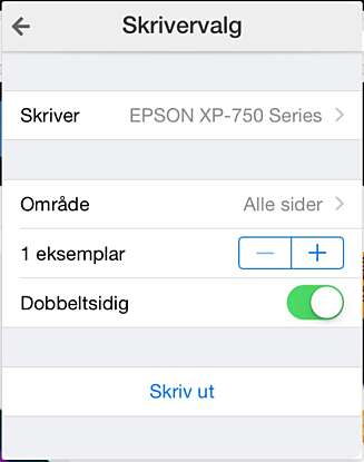 3. VELG SKRIVER: Om du har noen AirPrint-skrivere på nettverket ditt vil disse bli listet opp. Velg skriveren du vil bruke. 3. VELG SKRIVER: Om du har noen AirPrint-skrivere på nettverket ditt vil disse bli listet opp. Velg skriveren du vil bruke.