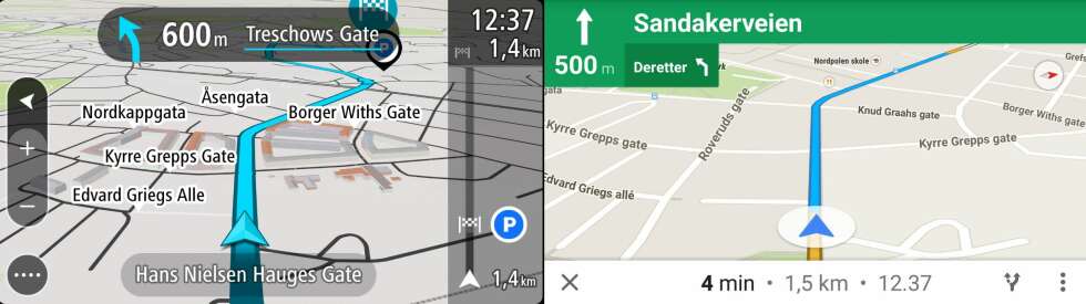 SIDE-VED-SIDE: Grensesnittet til TomTom Go Mobile og Google Maps side-ved-side. SIDE-VED-SIDE: Grensesnittet til TomTom Go Mobile og Google Maps side-ved-side.
