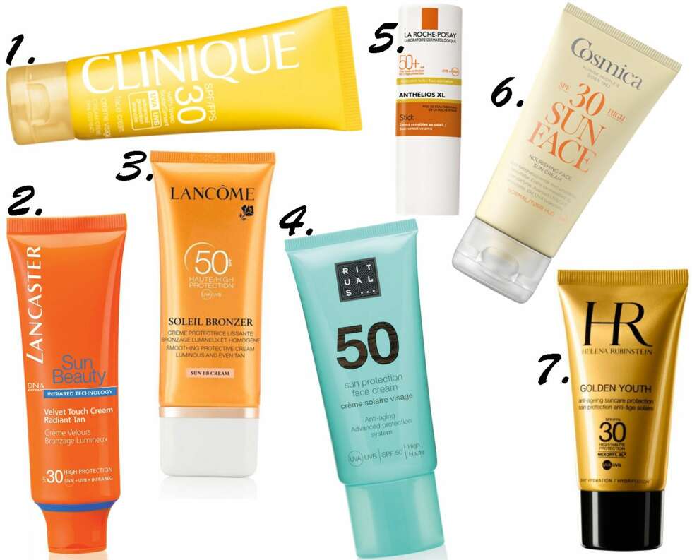 SOLKREM: 1. Clinique Sun SPF 30 Face Cream, kr 249. 2. Lancaster Sun Beauty Velvet Touch Cream Radiant Ran SPF 30, kr 265. 3. Lancôme Soleil Bronzer Smoothing Protective Cream SPF 50, kr 275. 4. Rituals Sun Protection Face Cream SPF 50, kr 185. 5. La Roche-Posay Anthelios XL Stick SPF 50+, kr 147. 6. Cosmica SPF 30 Sun Face, kr 159. 7. Helena Rubinstein Golden Youth Anti-Aging Suncare Protection SPF 30, kr 405. SOLKREM: 1. Clinique Sun SPF 30 Face Cream, kr 249. 2. Lancaster Sun Beauty Velvet Touch Cream Radiant Ran SPF 30, kr 265. 3. Lancôme Soleil Bronzer Smoothing Protective Cream SPF 50, kr 275. 4. Rituals Sun Protection Face Cream SPF 50, kr 185. 5. La Roche-Posay Anthelios XL Stick SPF 50+, kr 147. 6. Cosmica SPF 30 Sun Face, kr 159. 7. Helena Rubinstein Golden Youth Anti-Aging Suncare Protection SPF 30, kr 405.
