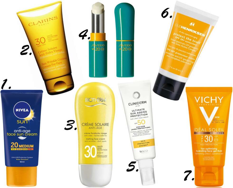 SOLBESKYTTELSE: 1. Nivea Anti-Age Face Sun Cream SPF 20, kr 90. 2. Clarins Sun Wrinkle Control Cream for Face SPF 30, kr 230. 3. Biotherm Crème Solaire Anti-Âge Melting Face Cream SPF 30, kr 250. 4. Shiseido Sun Protection Lip Treatment SPF 20, kr 235. 5. Cliniderm Ultimate Sun Ageing Protection SPF 50, kr 195. 6. Ole Henriksen Protect the Truth SPF 50+ Sunscreen, kr 495. 7. Vichy Idéal Soleil Bronze Tan Optimizing Hydrating Face gel-Fluid SPF 30, kr 189. SOLBESKYTTELSE: 1. Nivea Anti-Age Face Sun Cream SPF 20, kr 90. 2. Clarins Sun Wrinkle Control Cream for Face SPF 30, kr 230. 3. Biotherm Crème Solaire Anti-Âge Melting Face Cream SPF 30, kr 250. 4. Shiseido Sun Protection Lip Treatment SPF 20, kr 235. 5. Cliniderm Ultimate Sun Ageing Protection SPF 50, kr 195. 6. Ole Henriksen Protect the Truth SPF 50+ Sunscreen, kr 495. 7. Vichy Idéal Soleil Bronze Tan Optimizing Hydrating Face gel-Fluid SPF 30, kr 189.