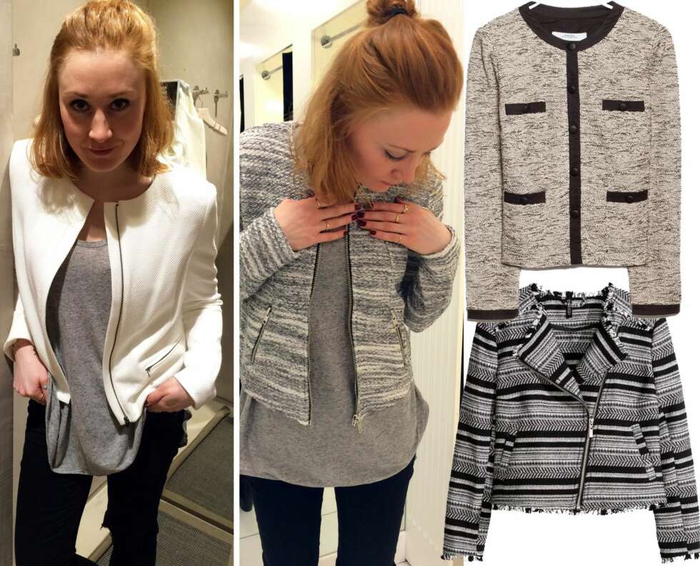 I BUTIKK: Vi gikk ut for å finne den klassiske jakken på budsjett. Fra venstre: Hvit ensfarget jakke med klassisk snitt fra Mango, kr 499. Grå og hvit jakke fra Gina Tricot, kr 299. Øverst i høyre hjørne: Fra Mango, kr 499. Nederst i høyre hjørne: Fra H&M, kr 349. I BUTIKK: Vi gikk ut for å finne den klassiske jakken på budsjett. Fra venstre: Hvit ensfarget jakke med klassisk snitt fra Mango, kr 499. Grå og hvit jakke fra Gina Tricot, kr 299. Øverst i høyre hjørne: Fra Mango, kr 499. Nederst i høyre hjørne: Fra H&M, kr 349.
