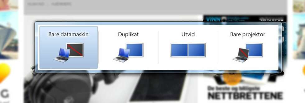 POWERPOINT: For å få vist frem presentasjonen din på en ekstern skjerm eller projektor, trykk Windowstasten + P. Da får du opp denne dialogboksen og du kan velge "Duplikat" eller "Bare projektor". POWERPOINT: For å få vist frem presentasjonen din på en ekstern skjerm eller projektor, trykk Windowstasten + P. Da får du opp denne dialogboksen og du kan velge "Duplikat" eller "Bare projektor".