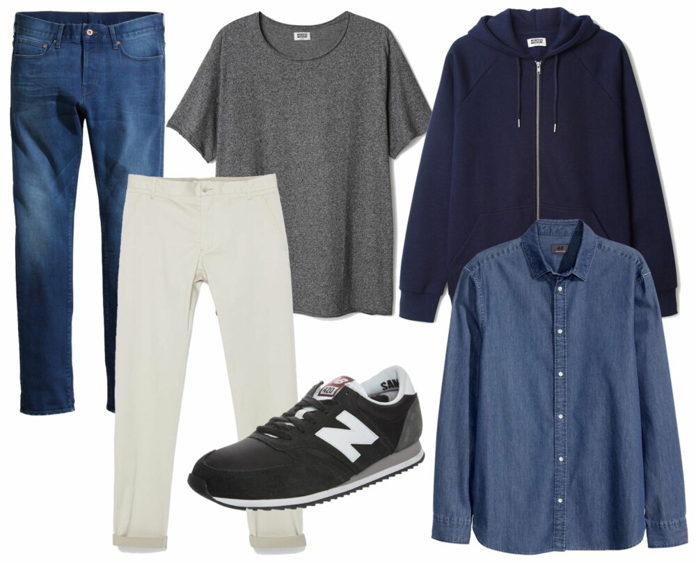 STILENS NØKKELPLAGG: Fra venstre: Jeans fra H&M, kr 399. Hvite chinos fra Zara, kr 399. Grå T-skjorte fra Weekday, kr 169. Blå hettegenser fra Weekday, kr 349. Sko fra New Balance, kr 849. Jeansskjorte fra H&M, kr 299. STILENS NØKKELPLAGG: Fra venstre: Jeans fra H&M, kr 399. Hvite chinos fra Zara, kr 399. Grå T-skjorte fra Weekday, kr 169. Blå hettegenser fra Weekday, kr 349. Sko fra New Balance, kr 849. Jeansskjorte fra H&M, kr 299.