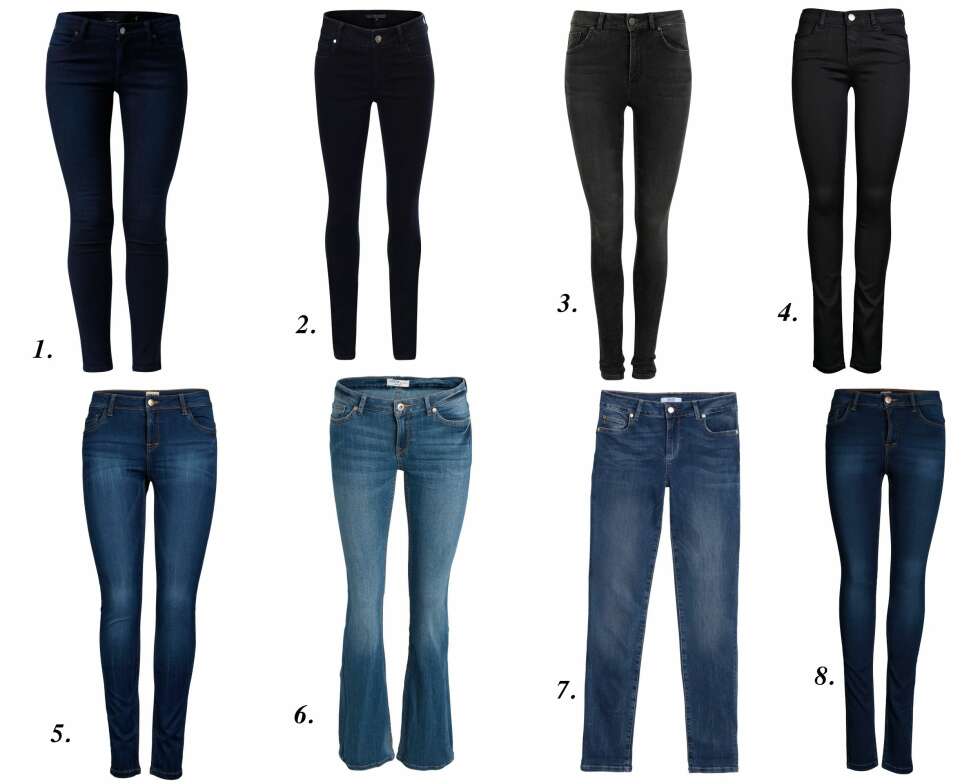 MØRKE JEANS: 1. Mørkeblå Jeans fra MQ (kr 499), 2. Sorte Jeans fra V-Collection (kr 1199), 3. Higher Honey Jeans fra Never Denim (kr 599), 4. Skinny Jeans fra Vero Moda (kr 399,95), 5. Skinny Jeans fra Vero Moda (kr 399,95), 6. Bootcut Jeans fra Lindex (kr 349), 7. Liu Jo Jeans (kr 1399), 8. Skinny Jeans fra Vero Moda (kr 399,95). MØRKE JEANS: 1. Mørkeblå Jeans fra MQ (kr 499), 2. Sorte Jeans fra V-Collection (kr 1199), 3. Higher Honey Jeans fra Never Denim (kr 599), 4. Skinny Jeans fra Vero Moda (kr 399,95), 5. Skinny Jeans fra Vero Moda (kr 399,95), 6. Bootcut Jeans fra Lindex (kr 349), 7. Liu Jo Jeans (kr 1399), 8. Skinny Jeans fra Vero Moda (kr 399,95).