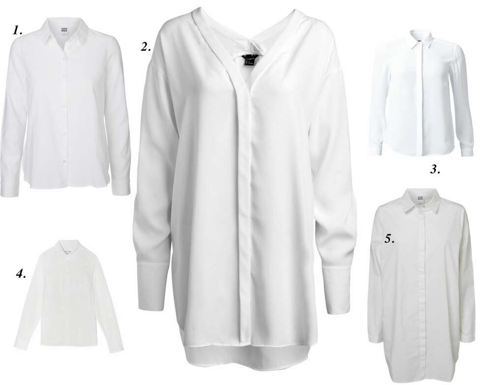 HVIT SKJORTE: 1. Skjorte fra Vero Moda (kr 249,95), 2. Bluse fra Lindex (kr 299), 3. Skjorte fra MQ (kr 399), 4. Chemise Shirt fra Lacoste (kr 1195), 5. Oversized skjorte fra Vero Moda (kr 299,95). HVIT SKJORTE: 1. Skjorte fra Vero Moda (kr 249,95), 2. Bluse fra Lindex (kr 299), 3. Skjorte fra MQ (kr 399), 4. Chemise Shirt fra Lacoste (kr 1195), 5. Oversized skjorte fra Vero Moda (kr 299,95).