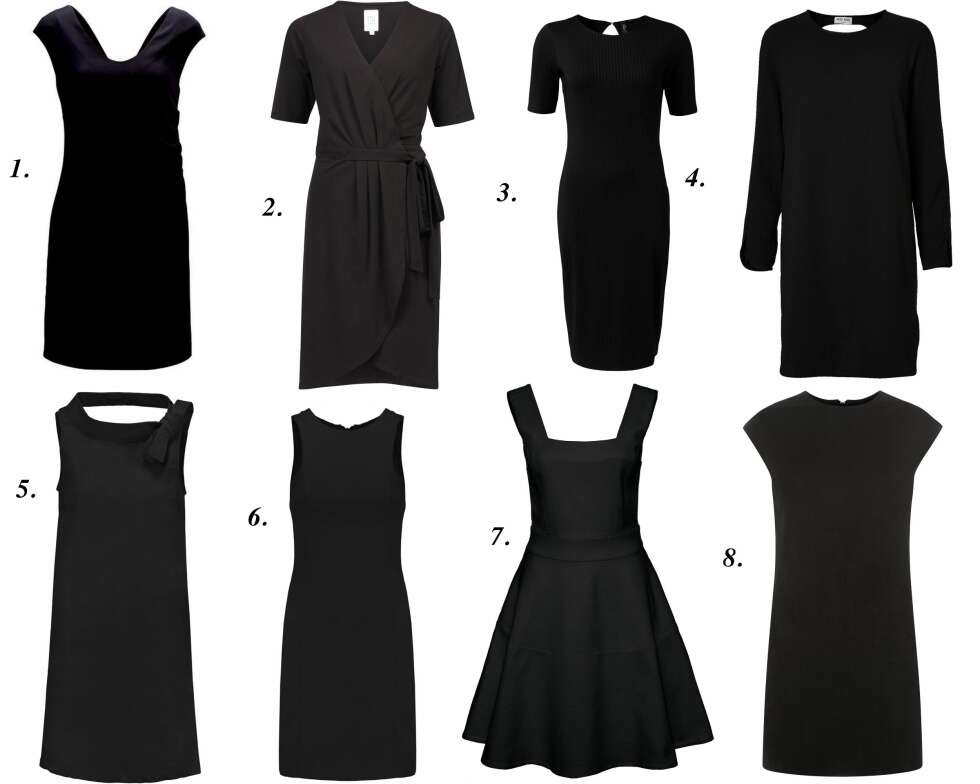LBD: 1. Kjole fra Selected Femme (kr 499,95), 2. Omslagskjole fra Vivikes (kr 499), 3. 1/4-ermer kjole fra MQ (kr 399), 4. Langermet kjole fra Vila (kr 299,95), 5. Kjole fra Nikkie (kr 900), 6. Kjole fra Nikkie (kr 1800), 7. Skater Dress fra Mint & Berry/Zalando (kr 569), 8. Kjole fra Muuba (kr 3400). LBD: 1. Kjole fra Selected Femme (kr 499,95), 2. Omslagskjole fra Vivikes (kr 499), 3. 1/4-ermer kjole fra MQ (kr 399), 4. Langermet kjole fra Vila (kr 299,95), 5. Kjole fra Nikkie (kr 900), 6. Kjole fra Nikkie (kr 1800), 7. Skater Dress fra Mint & Berry/Zalando (kr 569), 8. Kjole fra Muuba (kr 3400).