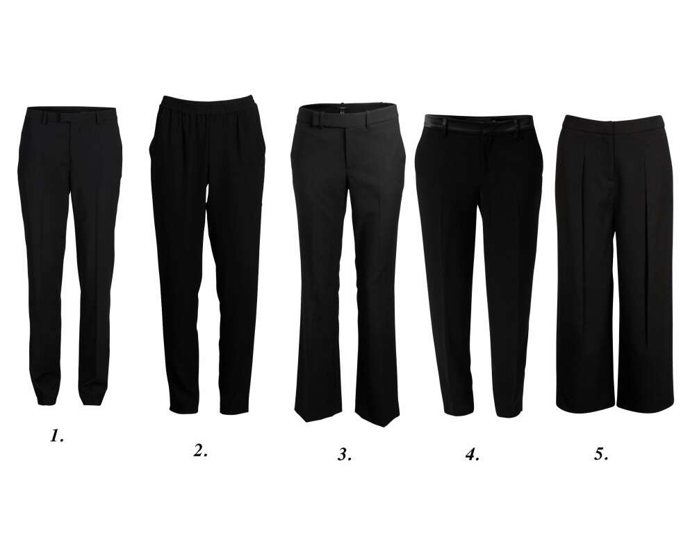 DRESSBUKSER: 1. Dressbukse fra Selected Femme (kr 499,95), 2. Dressbukse fra Vila (kr 299,95) Dressbukse fra 3. Dressbukse fra Lindex (kr 349), 4. Sigarettben Dressbukse fra MQ (kr 499), 5. Vid dressbukse fra Bik Bok (kr 349). DRESSBUKSER: 1. Dressbukse fra Selected Femme (kr 499,95), 2. Dressbukse fra Vila (kr 299,95) Dressbukse fra 3. Dressbukse fra Lindex (kr 349), 4. Sigarettben Dressbukse fra MQ (kr 499), 5. Vid dressbukse fra Bik Bok (kr 349).