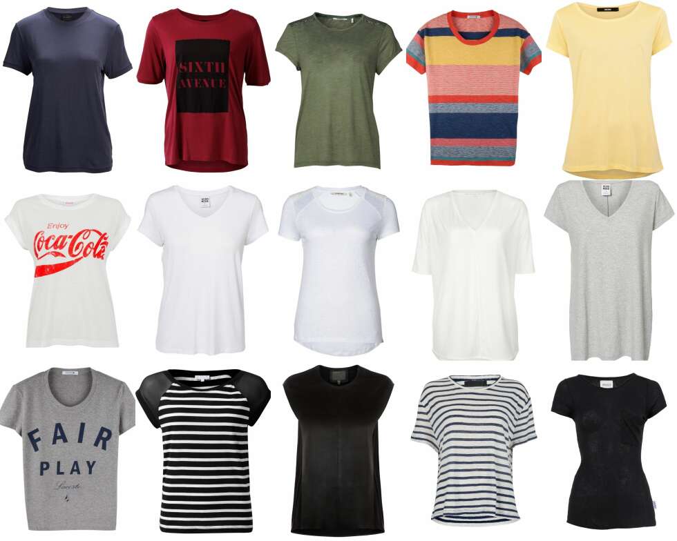 T-SKJORTE: Første rad fra venstre: Selected Femme (kr 499,95), MQ (kr 199), Rich & Royal (649), Lacoste (899), Bik Bok (kr 149). Andre rad fra venstre: Bik Bok (kr 249), Vero Moda (kr 149,95), Royal & Rich (kr 649), Vivikes (kr 199), Vero Moda (kr 195,95). Tredje rad fra venstre: Lacoste (kr 699), MQ (kr 299), Muubaa (kr 1300), Never Denim (kr 299), Elle & il (kr 699). T-SKJORTE: Første rad fra venstre: Selected Femme (kr 499,95), MQ (kr 199), Rich & Royal (649), Lacoste (899), Bik Bok (kr 149). Andre rad fra venstre: Bik Bok (kr 249), Vero Moda (kr 149,95), Royal & Rich (kr 649), Vivikes (kr 199), Vero Moda (kr 195,95). Tredje rad fra venstre: Lacoste (kr 699), MQ (kr 299), Muubaa (kr 1300), Never Denim (kr 299), Elle & il (kr 699).