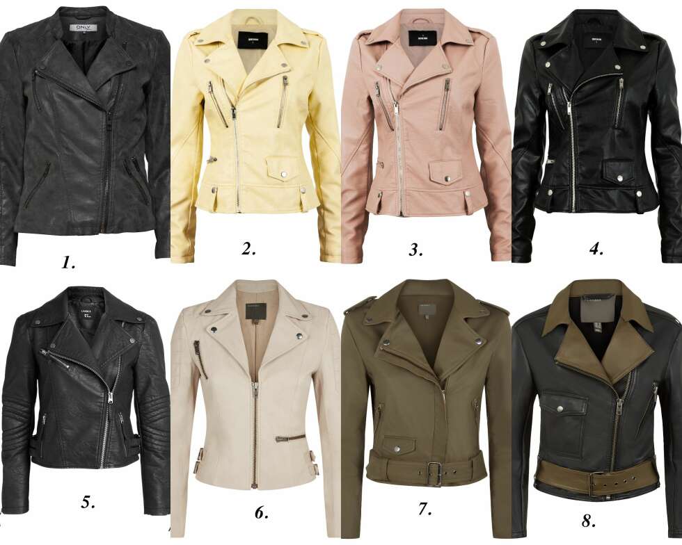 SKINNJAKKER: 1. Skinnjakke fra Only (kr 339,95), 2/3/4. Bina Biker Jacket (kr 499), 5. Skinnjakke fra Lindex (kr 599), 6. Maple Skinnjakke fra Muubaa (kr 4700), 7. Khaki Skinnjakke fra Muubaa (kr 4700), 8, Black Olive Skinnjakke fra Muubaa (kr 5900). SKINNJAKKER: 1. Skinnjakke fra Only (kr 339,95), 2/3/4. Bina Biker Jacket (kr 499), 5. Skinnjakke fra Lindex (kr 599), 6. Maple Skinnjakke fra Muubaa (kr 4700), 7. Khaki Skinnjakke fra Muubaa (kr 4700), 8, Black Olive Skinnjakke fra Muubaa (kr 5900).
