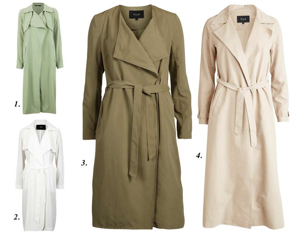 TRENCHCOAT: 1. Tracy Coat fra Bik Bok (kr 499), 2. Tracy Jacket fra Bik Bok (kr 599), 3./4. Trench fra Vila (kr 499,95). TRENCHCOAT: 1. Tracy Coat fra Bik Bok (kr 499), 2. Tracy Jacket fra Bik Bok (kr 599), 3./4. Trench fra Vila (kr 499,95).