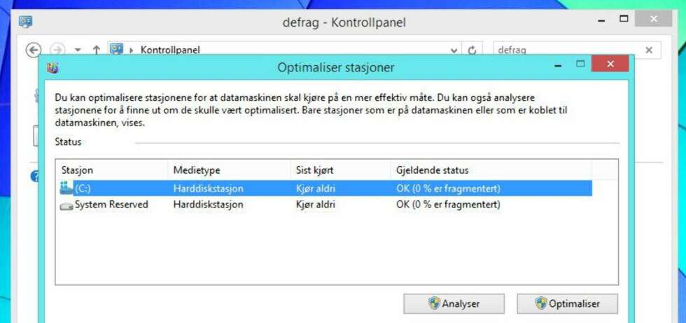 DEFRAGMENTERING: Denne funksjonen rydder opp på harddisken din slik at fragmenter av filer blir lagret på en måte som gjør at filsystemet raskere kan aksessere disse filene. DEFRAGMENTERING: Denne funksjonen rydder opp på harddisken din slik at fragmenter av filer blir lagret på en måte som gjør at filsystemet raskere kan aksessere disse filene.